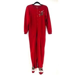 Nick & Nora Sock Monkey Footed Pajamas Red Fleece One Piece Jumpsuit Size S FLAW